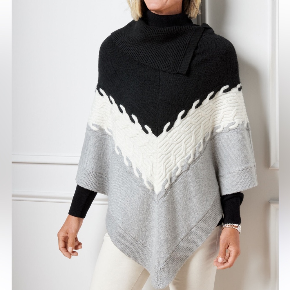 TALBOTS Colorblock Knit Sweater Poncho Black White Gray Size L
